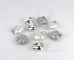 1X575 Retro ezüst színű, kisméretű, szív alakú, üveg karácsonyfadísz csomag 9 darab
