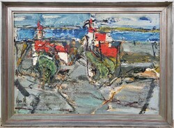 110x80cm! Veress Sándor László (1934 - ) Fák Felhők Templomok Képcsarnokos EREDETI GARANCIÁVAL !