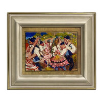 Fáy Győző (1918-2005) Néptáncosok - pazar, vidám színvilágú népi életkép keretezve /számlát adunk/