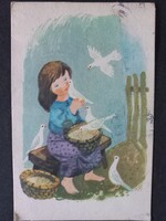Old graphic postcard with drawing by Zsuzsa Demjén 