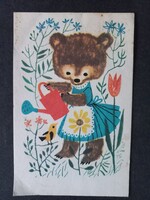 Régi képeslap - Reich Károly rajzos macis képeslap - Maci virágot öntöz