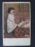 Régi norvég grafikus rajzos képeslap  Beteg macit gyógyító gyermek 1930