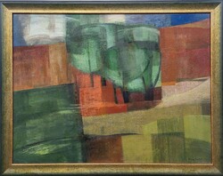 Nagy Tibold (1923 - 1988) Konstruktív Táj c. Képcsarnokos olajfestménye EREDETI GARANCIÁVAL !