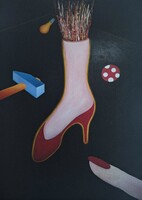 Ef Zámbó István (1950-) grafika: Magassarkú cipő, kalapács és pöttyös labda