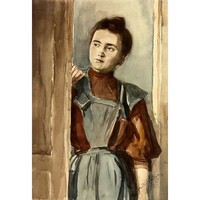 Jantyik Mátyás (1864-1903) Hölgy az ajtóban - nagyon régi, gyönyörű akvarell munka! /számlát adunk/