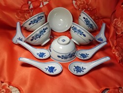 Antik kínai rizses tál,  pudingos tál kanállal,  6 + 6 db.