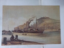 A ‘Herkules’ vontatógőzös a Kelenhegy előtt” – Rudolf Alt rajza nyomán, színes litográfia, Közlekedé