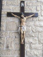 Antik gyönyörű kézifaragott  festett Nagy méretű Korpusz Kereszt Jézus Krisztus 1890 körül. Videó !