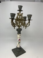 Csodás öt ágú réz és spiáter ????? gyertyatartó rózsás virágos porcelán betéttel RZ