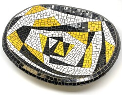 Nagy méretű ritka retró fekete sárga csempe mozaikkal díszített beton tál (14,5kg, 50x42cm)  RZ