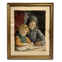 Edvi Illés Aladárné (1877-1963) Nagymama kisunokájával - gyönyörű rézkarc keretezve /számlát adunk/