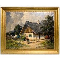 Neogrády László (1896-1962) Falusi porta asszonnyal - olaj-vászon alkotás keretezve /számlát adunk/