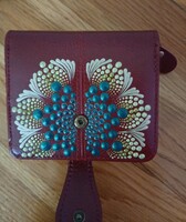 New! Burgundy leather wallet with green mandala decoration hand painted