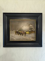 Antik széles Fakeretes Viski János festmény Lovas festmény eredeti àllapotban !