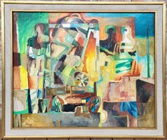 113x93! Túry Mária (1930 - 1992) Az Építkezésen c. Képcsarnokos olajfestménye EREDETI GARANCIÁVAL !