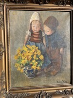 Boemm Ritta - Gyermekek virággal..50x60cm plusz kerete