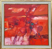 103x93cm! Papp Gábor (1936 - ) Rőt Táj c. Képcsarnokos festménye EREDETI GARANCIÁVAL !