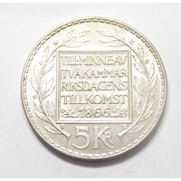 Svédország,5 kronor 1966 - A Kétakamrás alkotmánymódosítás 100. évfordulója aUNC+ ezüst 18g400