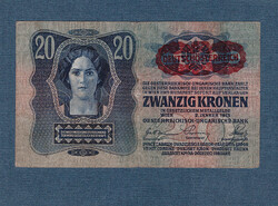 20 Korona 1913 I. kiadás  Deutschösterreich bélyegzés a Császári Címeren  Ritka!!!