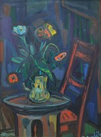 D. Borbély Gizella (1920 - ) Piros Szék c. Képcsarnokos olajfestménye EREDETI GARANCIÁVAL !