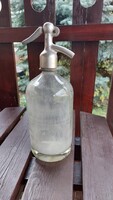 Antik,régi  vastag üveg aluminium fejű szódás szifon, szódásüveg