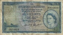 5 rupia rupees 1954 Mauritius Erzsébet kirélynő Ritka