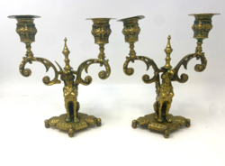 Szfinxet ábrázoló két ágú antik réz gyertyatartó pár (20cm) RZ