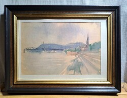 Duna-parti lépcsők, Budapest (keretezett festmény) fővárosi panoráma, Duna, Buda
