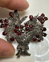 Art deco style diamond cut garnet silver flower bouquet brooch