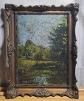 1930-as évek: Erdei táj patakkal, blondel keretben - Lendl Vilmos olajfestménye