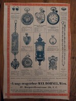 Óra katalógus, régi Osztrák órás árjegyzék Max Böhnel, Wien, papírrégiség, 20. sz. eleje