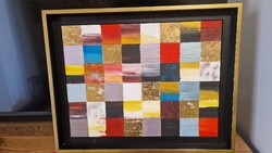 Abstract acrylic painting on canvas, gold-black frame, vibrant modern art piece.