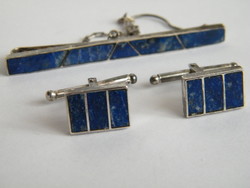 Vintage lapis lazuli berakásos ezüst (970) nyakkendő csipesz és mandzsetta