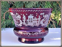 Ritka, antik, cseh Bohemia, Egermann, anyagában bíborpácolt kristál váza