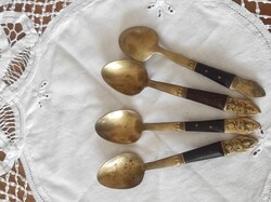 Vintage sziámi (thai) bronz kávéskanál készlet – rózsafa nyéllel, Buddha díszítéssel (4 db)