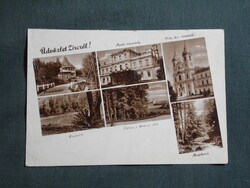 Postcard, Zirc, postman's holiday, abbot's suite, church, English park, Károly Udvardy edition, 1940-
