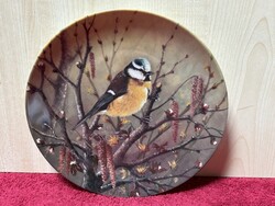 Porcelán falitányér, falidísz, madár, madaras, kék cinege