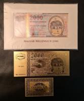 Certifikációval, aranyozott milleniumi 2000 forint bankjegy, replika, és a modellje