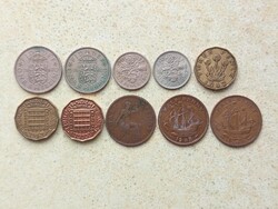 Anglia 10 db Különböző Érme 1/2 Penny 3,6 Pence 1 Shilling 1927-1967