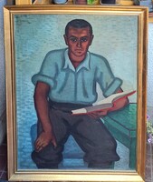ANTAL LORÁND (1903-1975): Tanuló ifjú (olajfestmény) szocreál, portré könyvvel, iskola, oktatás