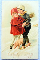 Art deco újévi üdvözlő litho képeslap - kislány , kéményseprő fiú   malac  téli táj   1926  Svájc