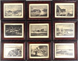 1X849 Árvíz az alföldön - 9 darab kisméretű, SZŰCS JÁNOSI NOVÁK KOVÁCS által jelzett rézkarc