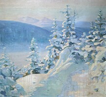 Hódi Géza: Téli tájkép fenyőfákkal (olaj-fa 71x67 cm) havas erdő a hegyekben