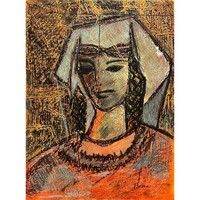 Bene József (1903-1986) Fejkendős nő - nagyon kellemes színvilágú, modern portré /számlát adunk/
