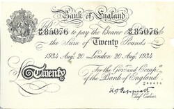 20 font pound pounds 1934.08.20. London K.O. Peppiatt Anglia Nagyon szép Nagyon ritka
