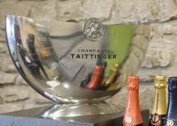 TAITTINGER Champagne “Half Moon” pezsgőhűtő bordázott ón jégveder Orfèvrerie d’Anjou, Franciaország