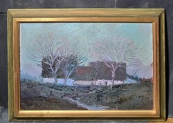 Ugocsai Antal (Beregszász, 1942-): Köd (Képcsarnokos olajfestmény) Alföld, tanya