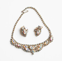 Ragyogó aurora borealis üveg strasszköves ékszer szett; nyakék, nyaklánc + fülbevaló, fülklipsz