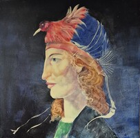 Szász Endre misztikus, figurális stílusában készült, olajfestmény, 45x45 cm