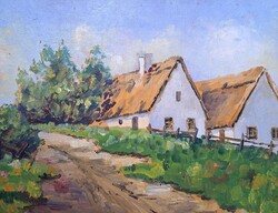 AKCIÓ! Színes utcakép, olajfestmény - Faluhatár, derűs nyári táj